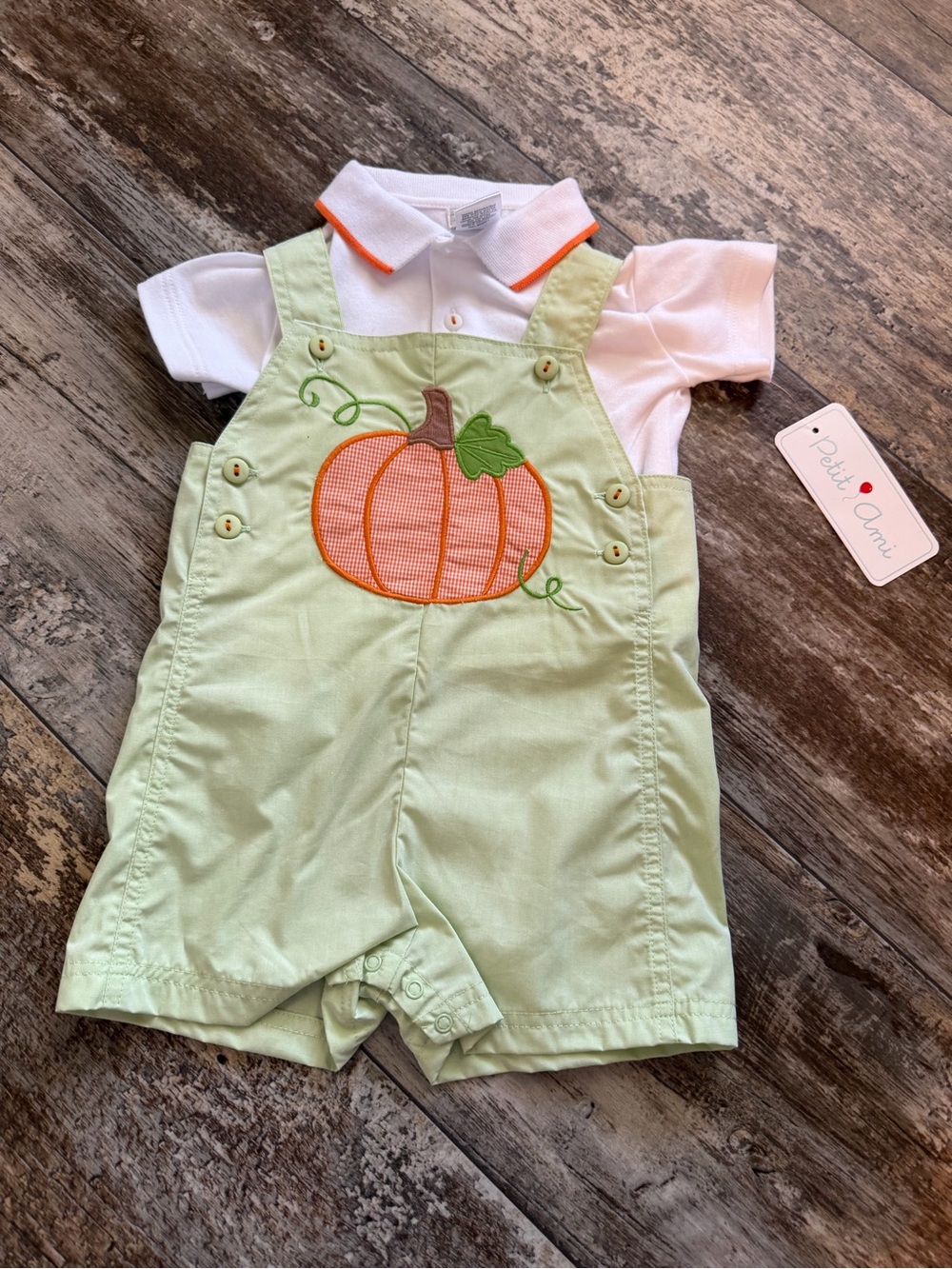 Petit Ami Light Green Pumpkin Shortall with White Polo